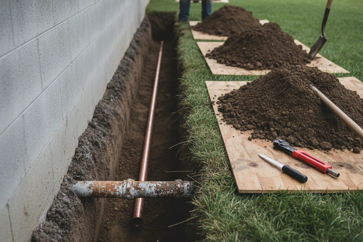 Excavated water line trench during Sewer Line Repair in Dunlap